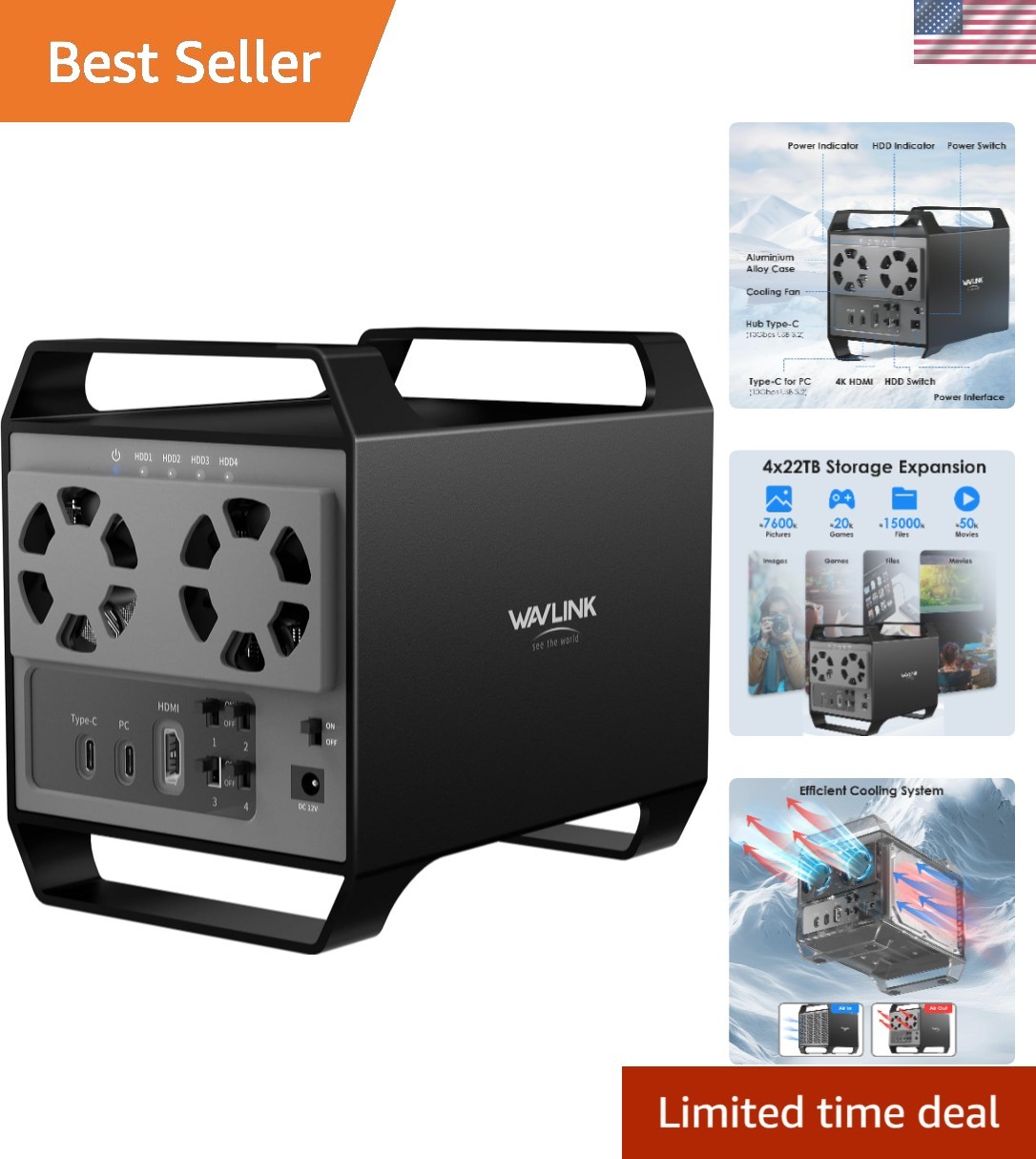 4-Bay Hard Drive Enclosure for 3.5" and 2.5'' SATA HDD/SSD Featuring 10Gbps U...