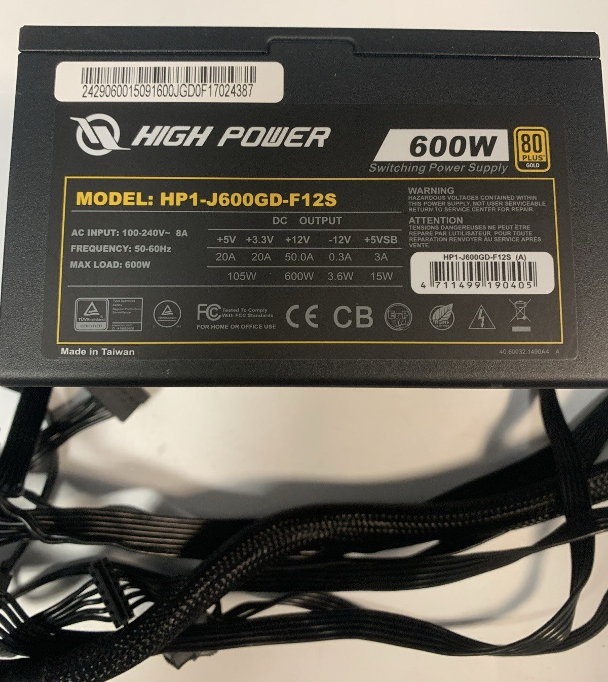High Power HP1-J600GD-F12S 600W 80+ Gold Power Supply Unit - Black
