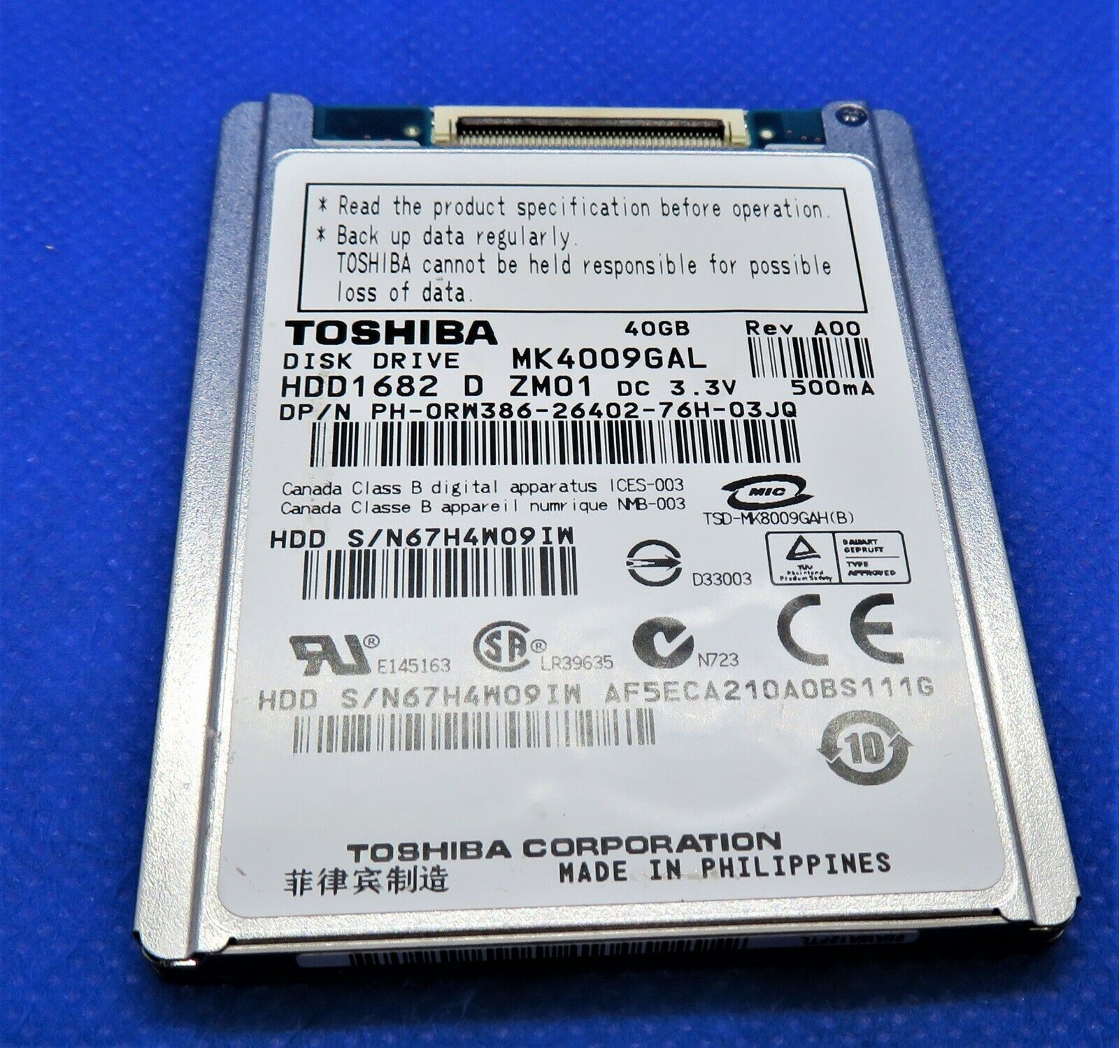 TOSHIBA MK4009GAL DELL: 0RW386 40GB HDD1682 1.8
