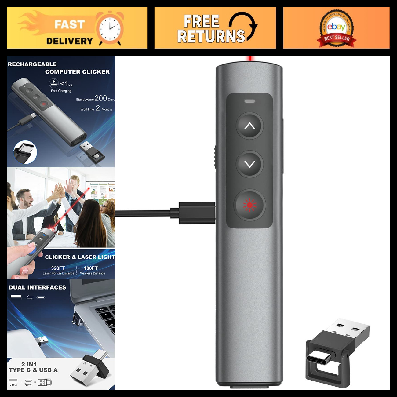 Wireless Presentation Clicker for PowerPoint - 2-in-1 USB/Type C Receiver, Remot