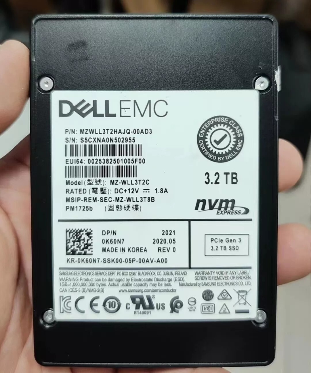 K60N7 Dell Samsung PM1725B 3.2TB PCle Gen 3 NVME 2.5" SSD MZ-WLL3T2C 0K60N7