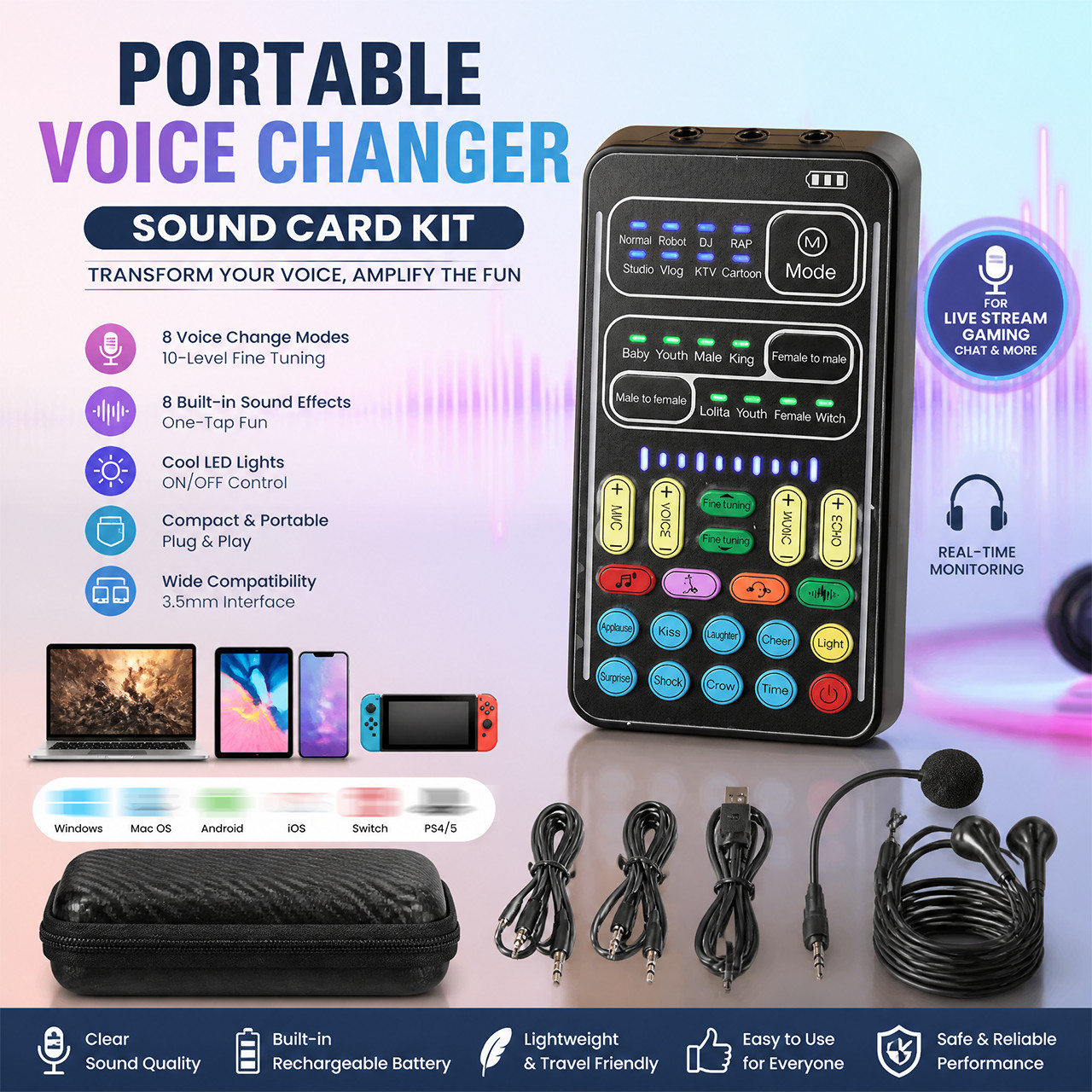 8 Voice Modes Voice Changer Handheld Sound Card for Streaming and Gaming