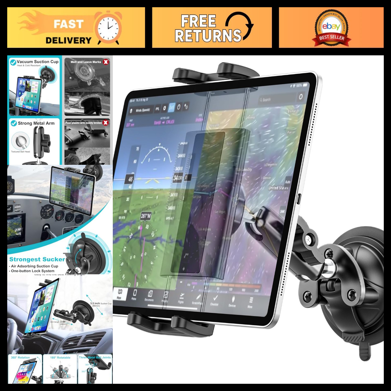 Strong Suction Cup Aircraft Tablet Holder Mount for Pilots - Universal Fit, Secu
