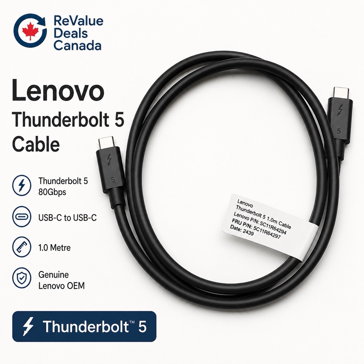 Genuine Lenovo Thunderbolt 5 Cable 1m 3.3ft 80Gbps 240W USB-C 5C11R64297