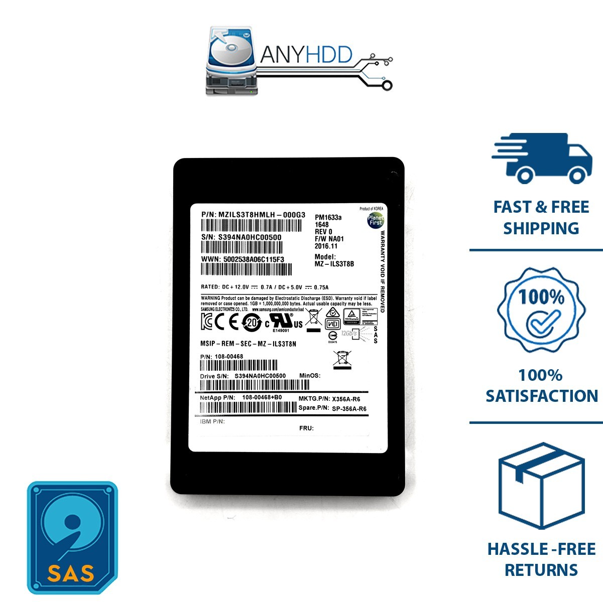 Samsung PM1633a 3.84TB SAS 12Gb/s 2.5" Enterprise SSD MZ-ILS3T8B NetApp