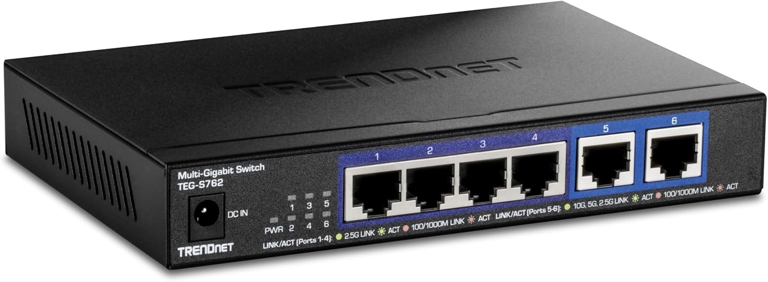 TRENDnet 6-Port 10G Switch 4x 2.5G RJ-45 2x 10G RJ-45 60Gbps TEG-S762 Black
