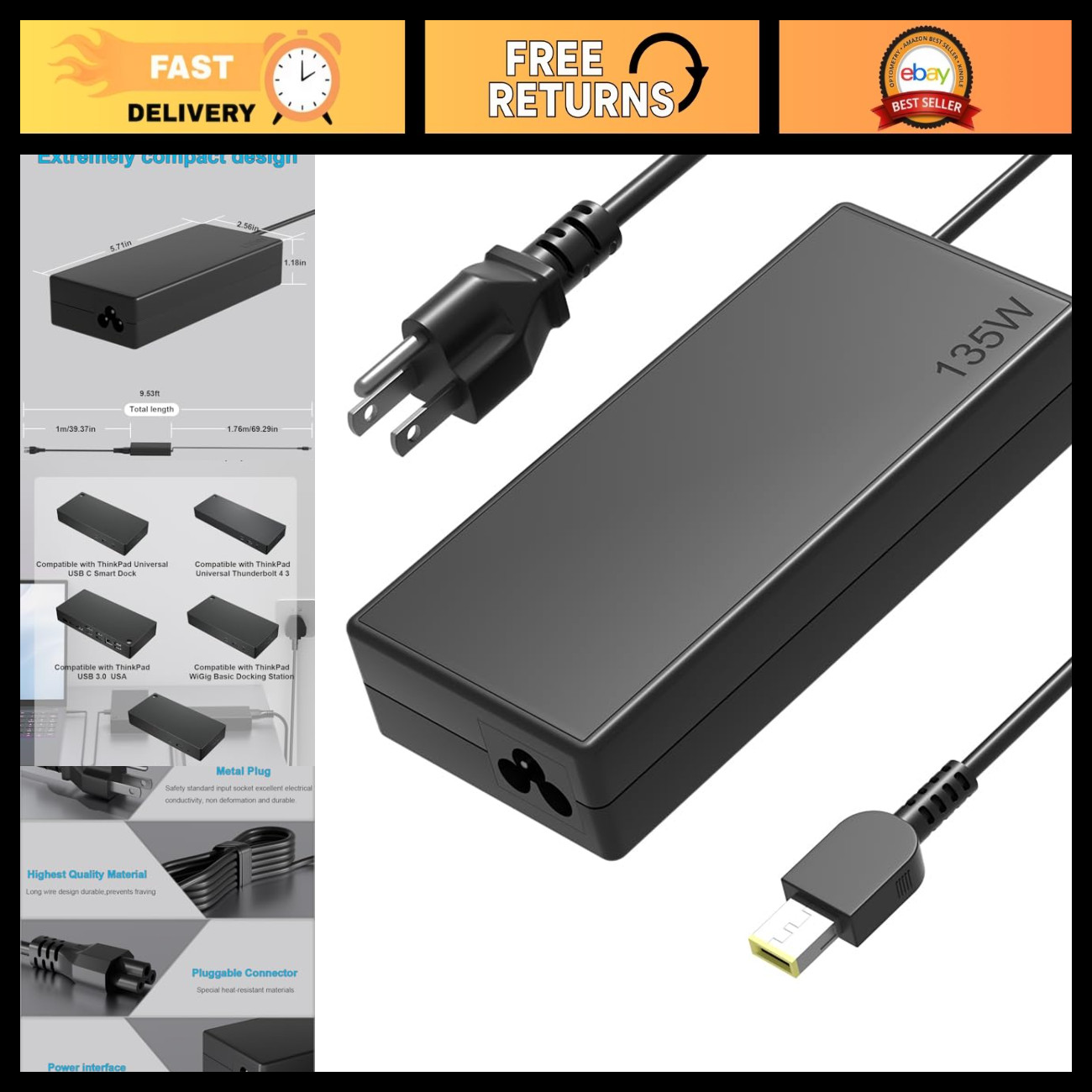 Universal Power Supply Adapter for Lenovo ThinkPad Thunderbolt 4/3 USB-C Docking