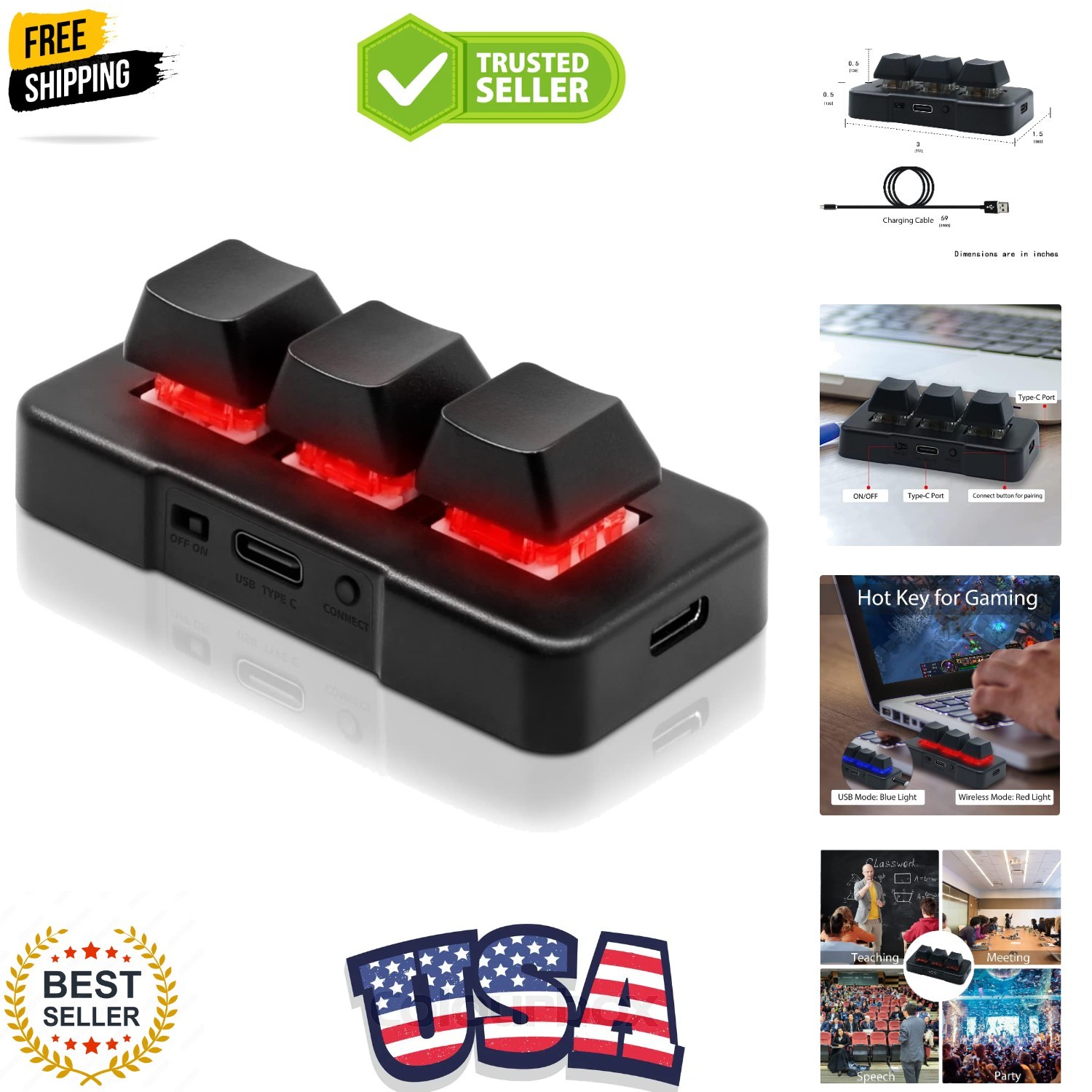 3 Key Mini Keypad Wireless USB 2 in 1 Mechanical Gaming Macro Keyboard Custom...
