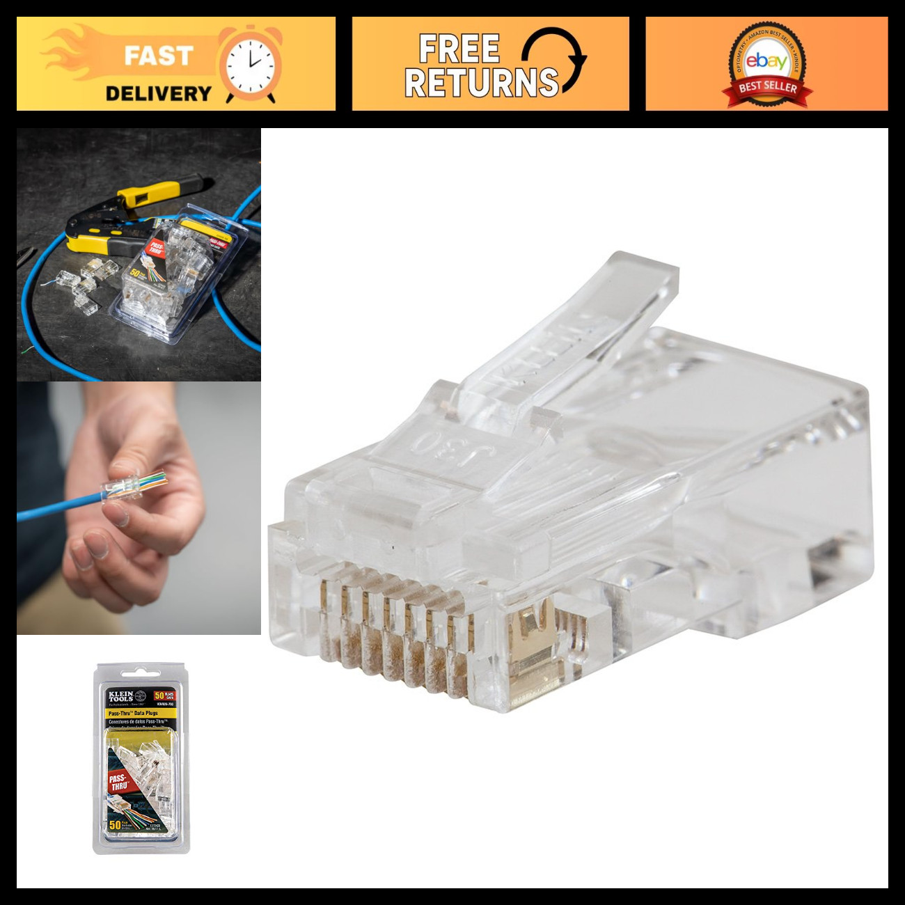 Pass-Thru RJ45 CAT6 Modular Data Plugs, Gold Plated Connectors, 50-Pack