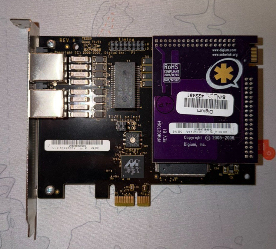 Digium TE220PEX Dual Port T1/E1/J1 PCIe Asterisk Card w/ VPMOCT064 Echo Cancella