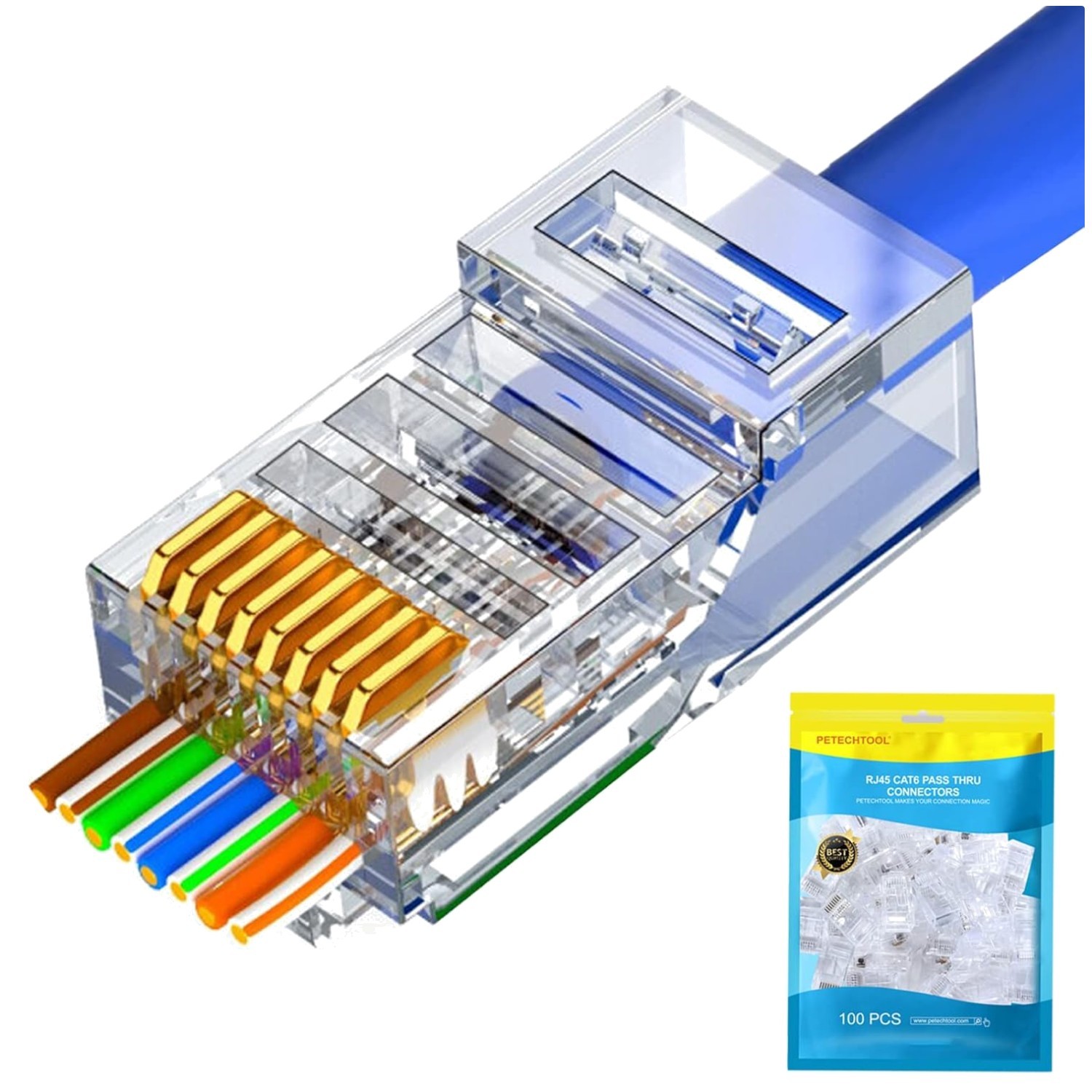Gold Plated RJ45 Cat6 Cat5 Pass Through 100 Pack