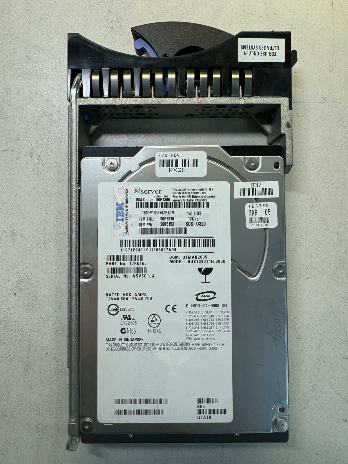 IBM 90P1310 26K5153 146.8Gb 10K SCSI U320 80 PIN HS SERVER 3.5in Drive