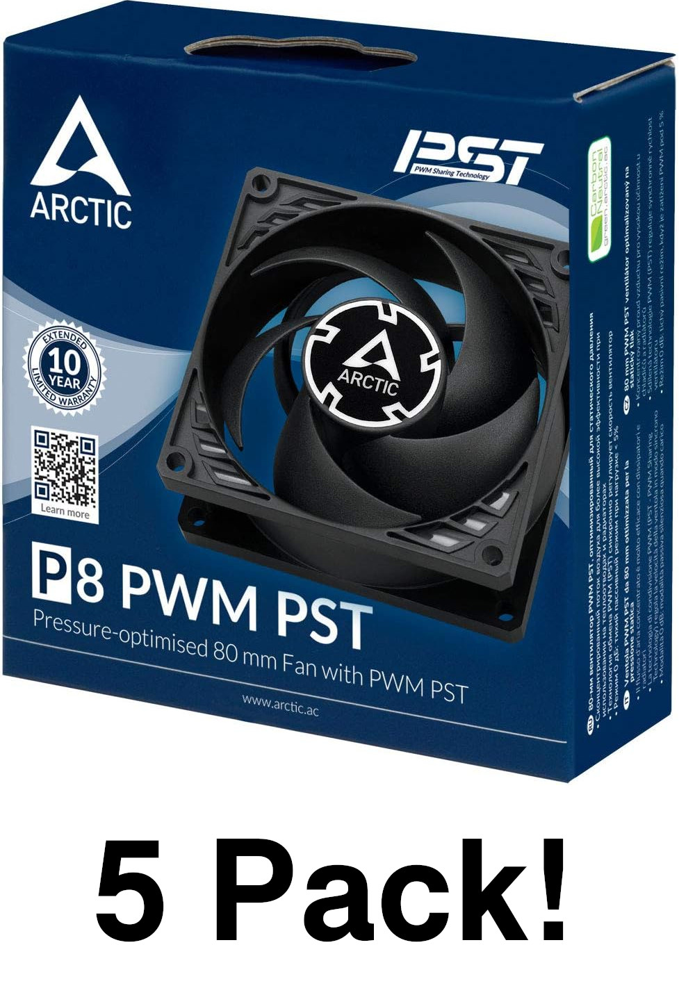 5 Pack ARCTIC P8 PWM PST, PC Fan, 80mm Case Fan, 200–3000 rpm - Black