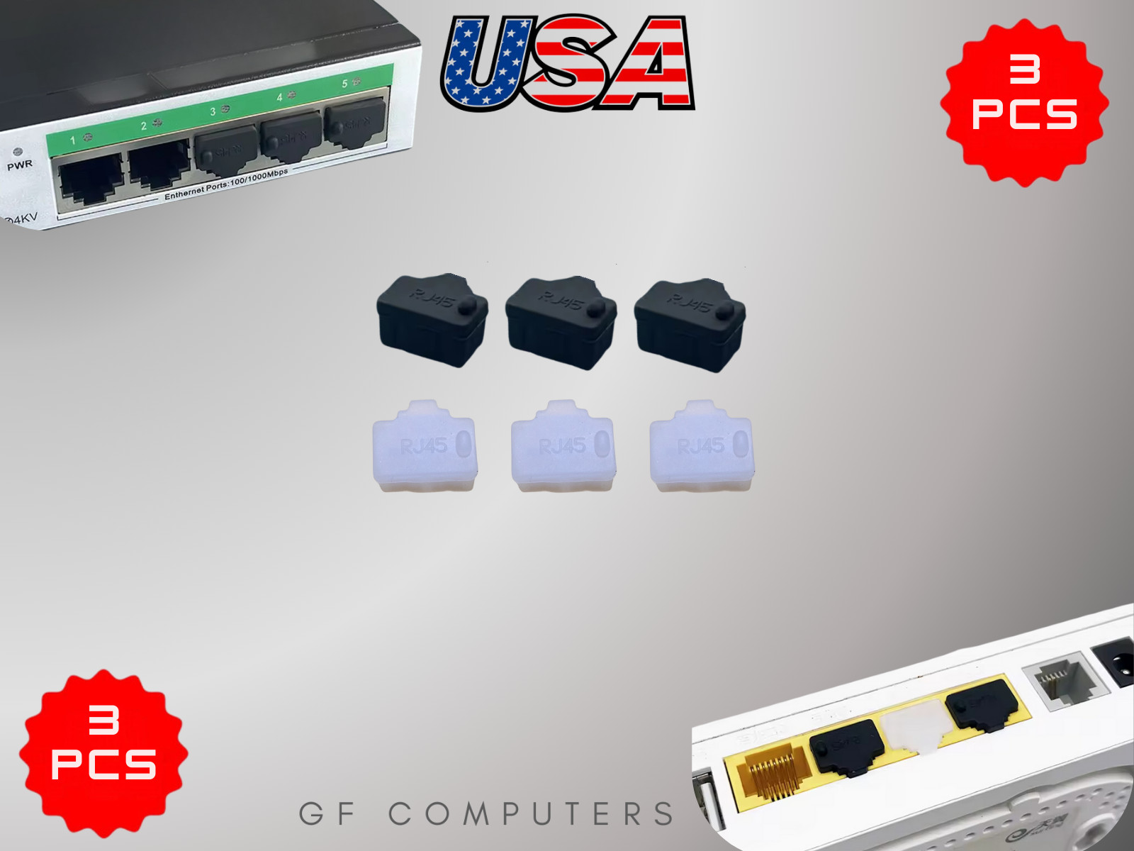 3 Pcs Ethernet Hub Port RJ45 Anti-Dust Protector Plug Insert Cap Black