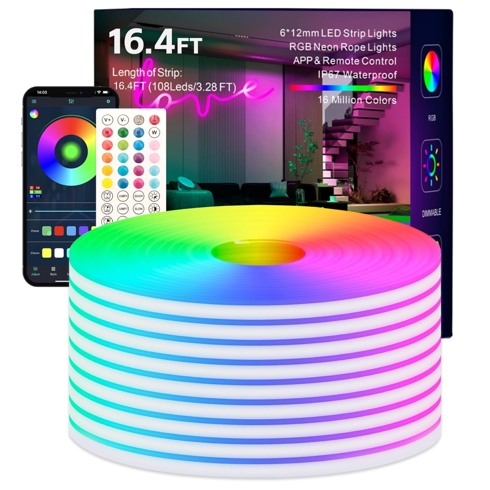 Neon LED Strip Lights,16.4FT/5M RGB Indoor Outdoor IP67 Waterproof Smart Control