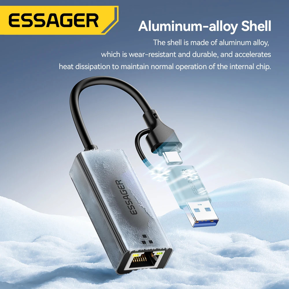 Essager 2-in-1 Ethernet Adapter USB-A/Type-C to RJ45 Network Card 1000Mbps