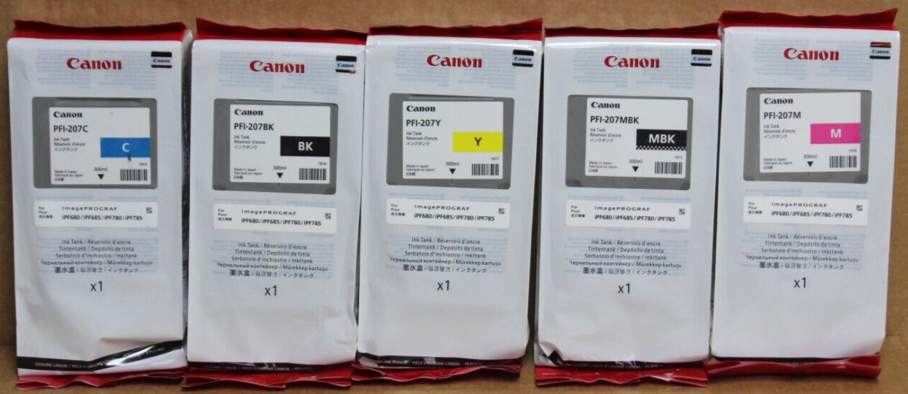 Canon PFI-207 Ink Cartridges 5 Pack (BK/MBK/Y/M/C) Genuine Sealed EXP 10/25
