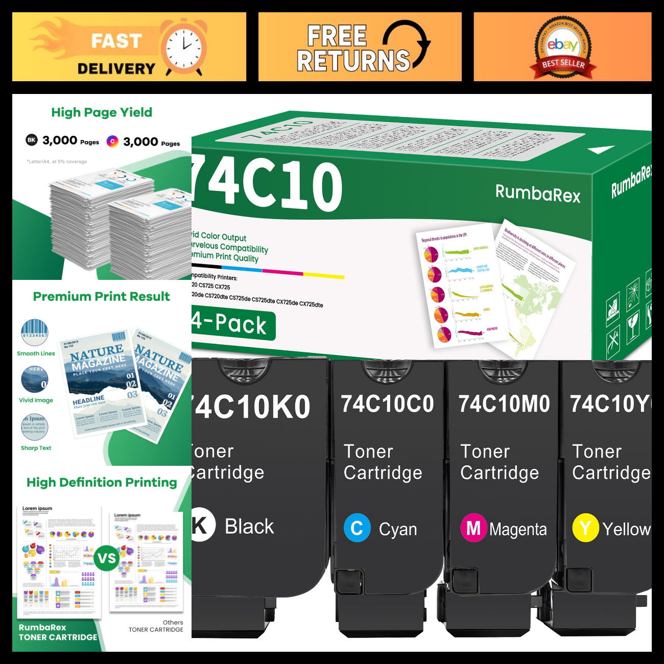 High-Quality Toner Cartridges 4-Pack for CS720 CS725 CX725 - 74C10K0 74C10C0 74C