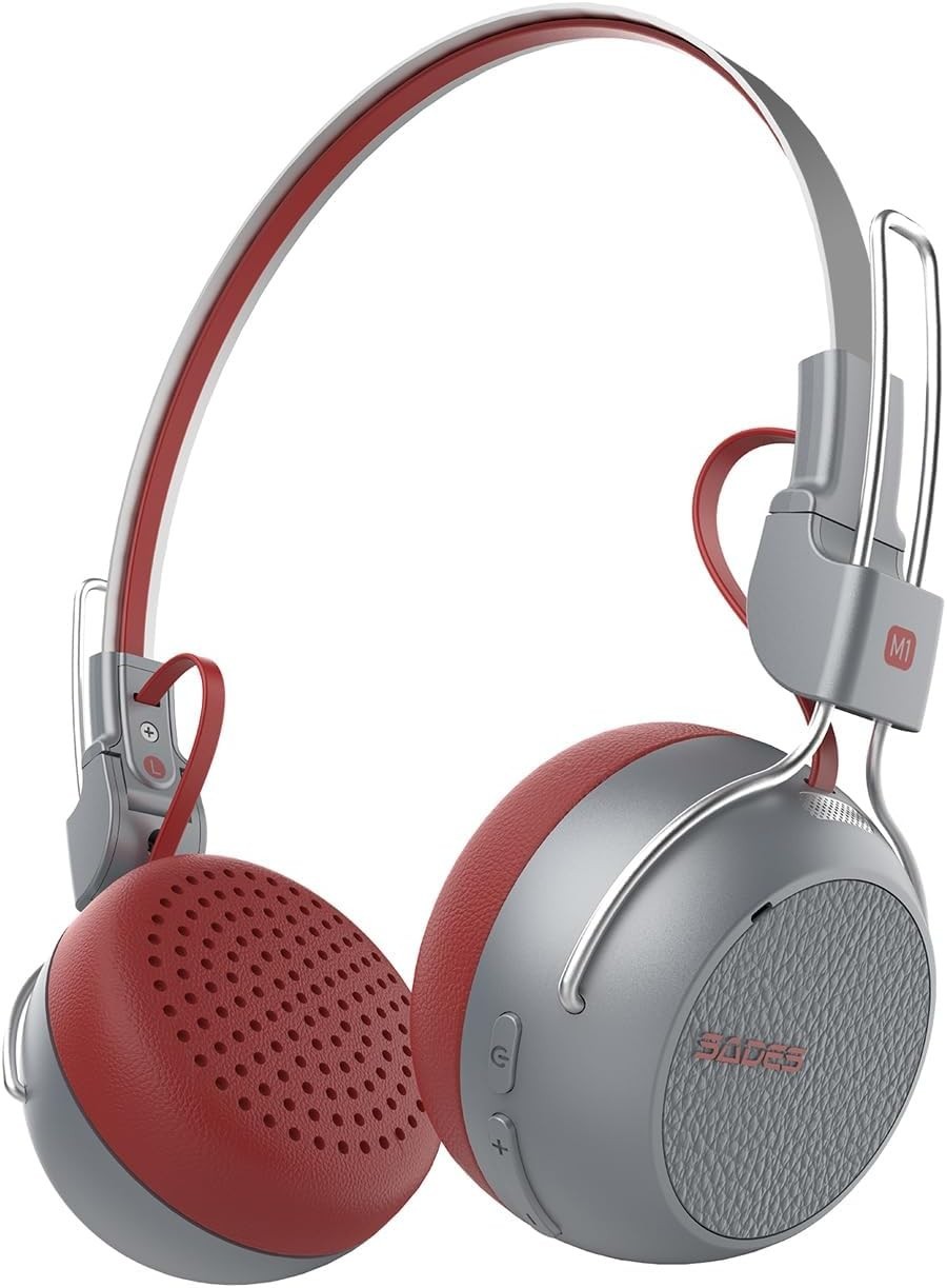 🎧Vintage Retro Bluetooth Headphones On-Ear with Mic 60H Playtime Red Gray, New