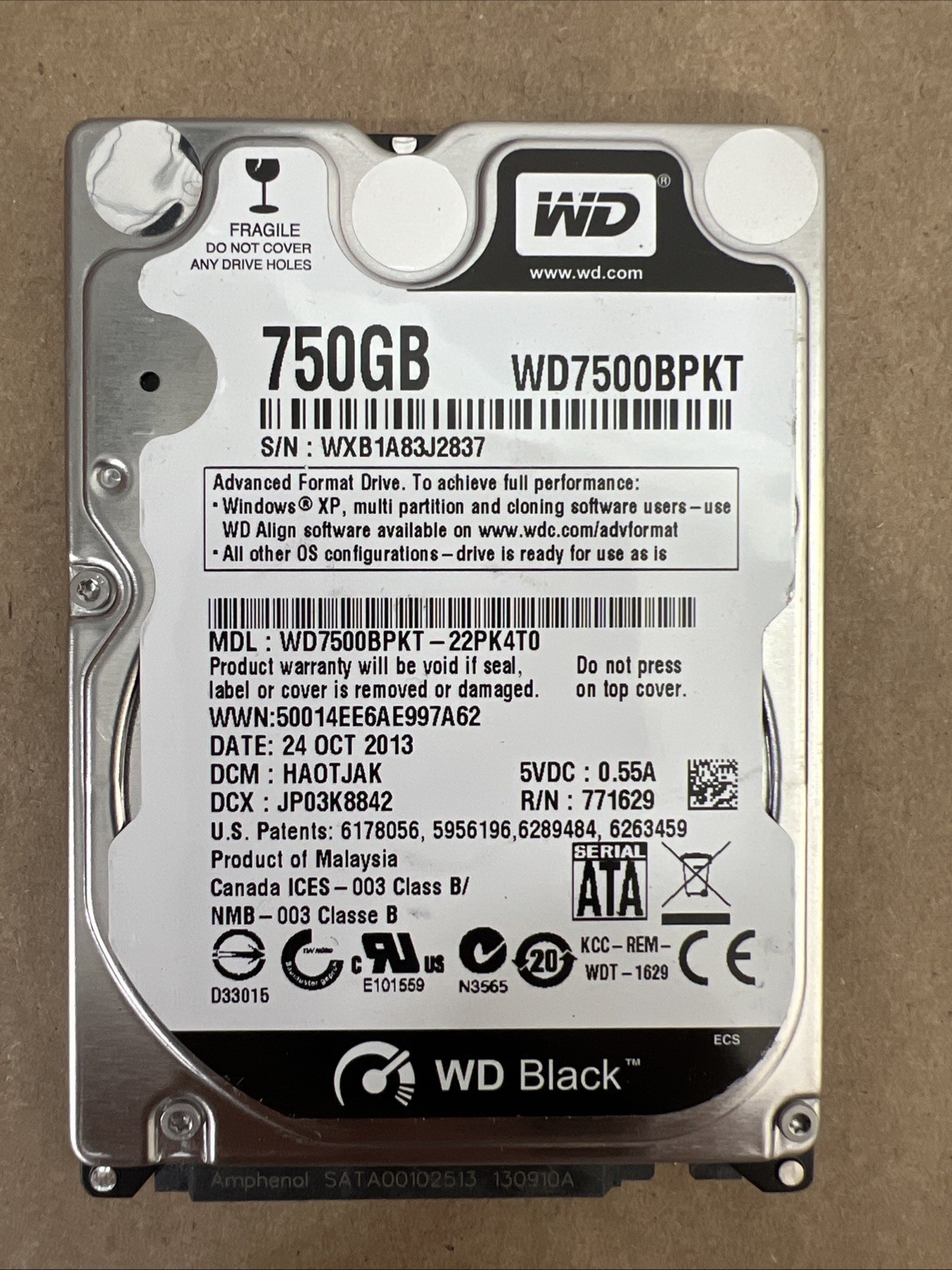 LOT (16) Western Digital Black WD7500BPKT 750 GB 2.5" SATA II Laptop Hard Drives