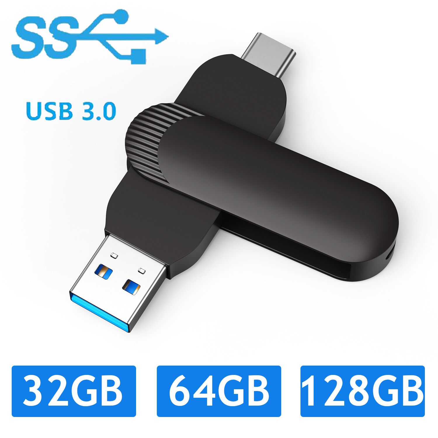 1 Pack  2-in-1 Type C Flash Drive USB 3.0 Dual OTG Metal Rugged Swivel USB Drive