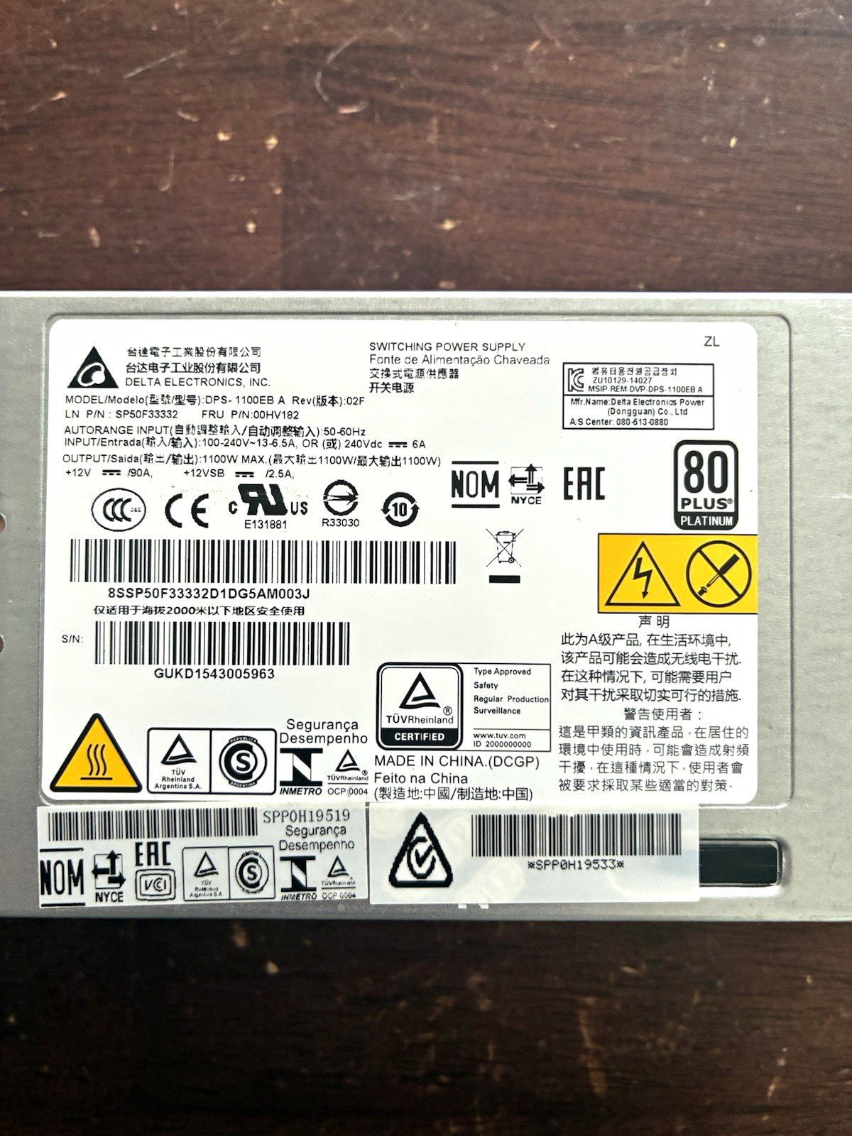Delta Electronics 1100W 80 PLUS Platinum Hot Plug PSU DPS-1100EB A for Lenovo