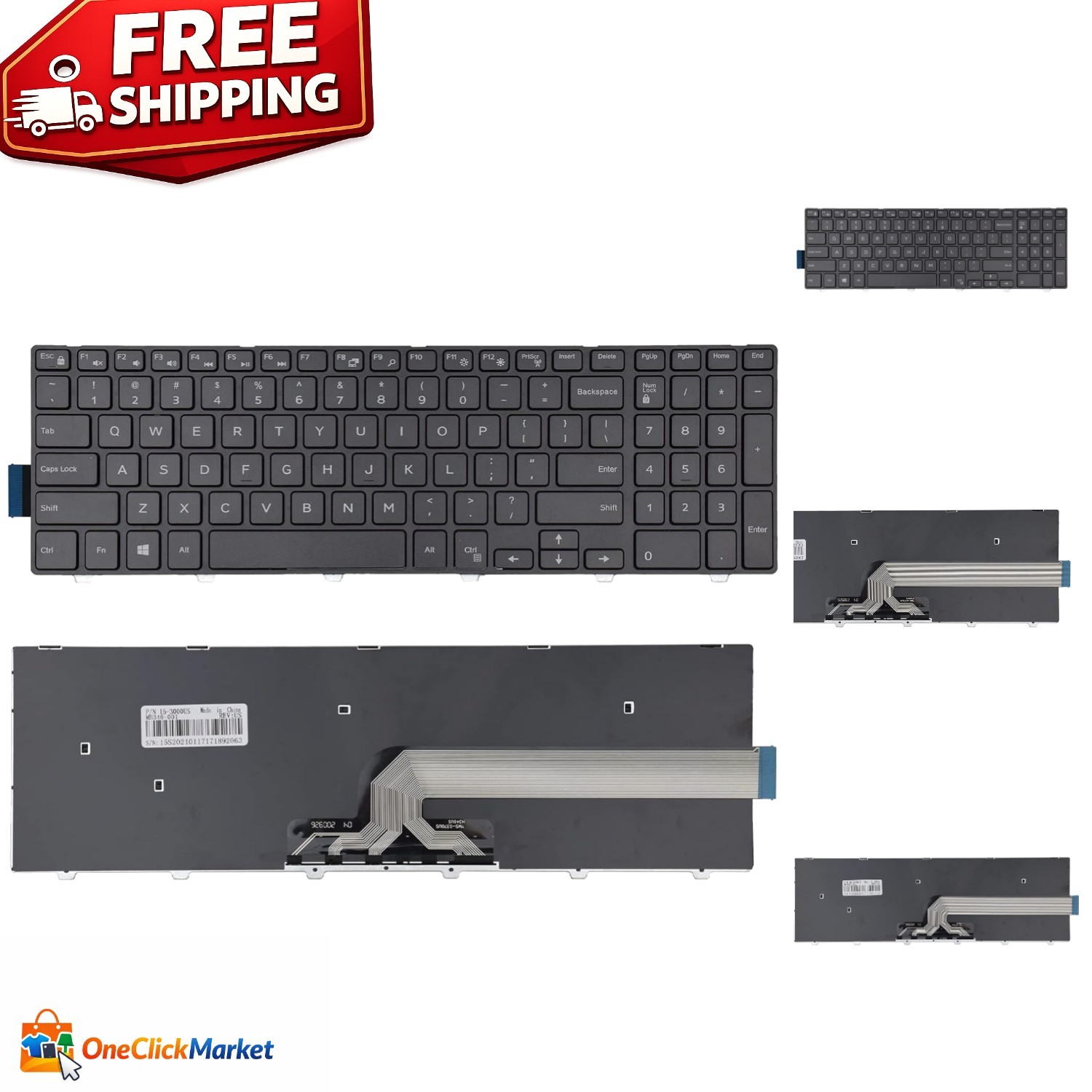 Ergonomic USB Replacement Keyboard for Dell Inspiron 15 Series, No Backlight