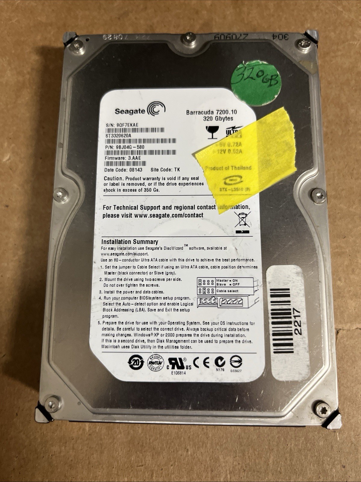 IDE/PATA 320 GB SEAGATE BARRACUDA ST3320620A  3.5”  INTERNAL PC HARD DRIVE