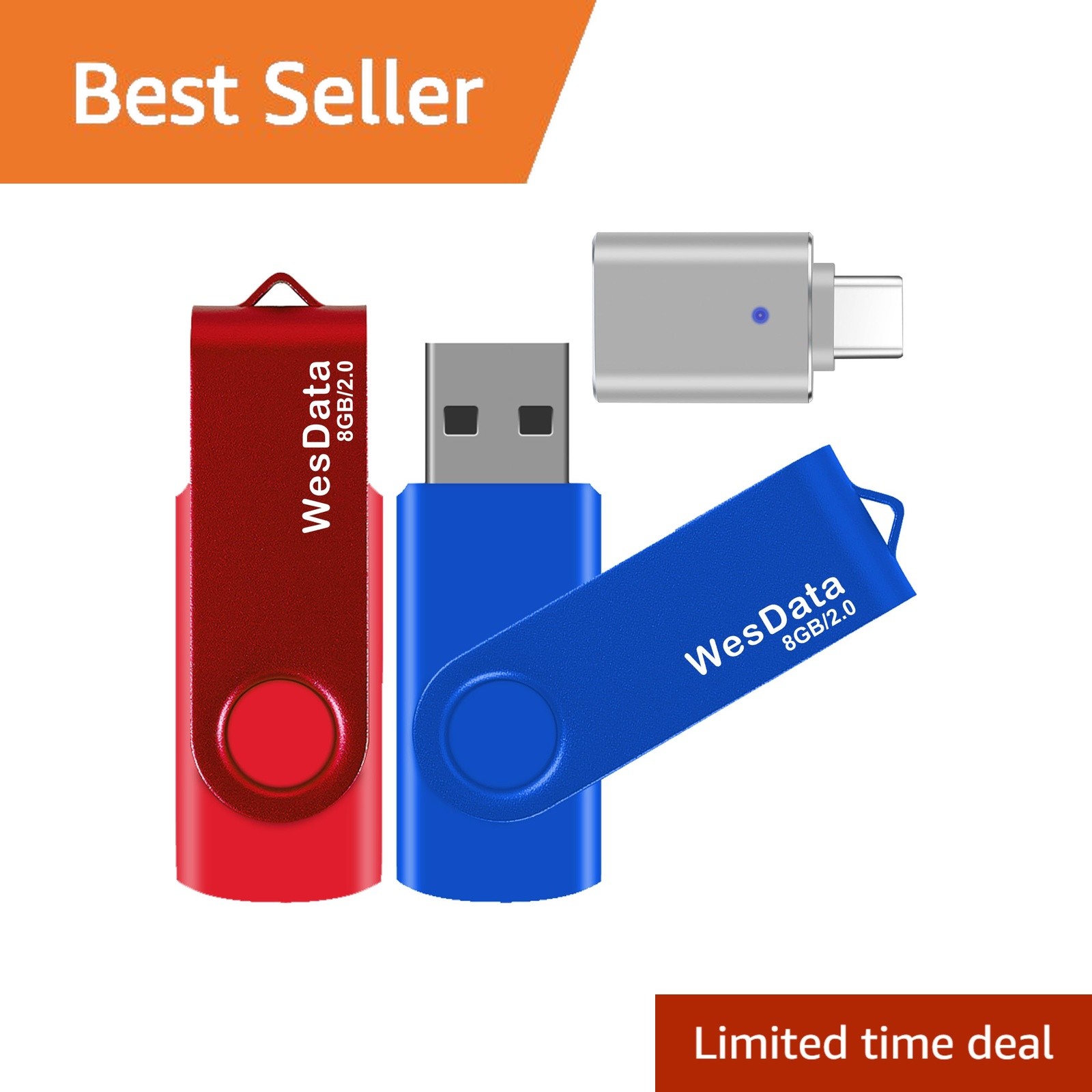 WesData 8GB USB 2.0 Flash Drives Blue Red 2 Pack