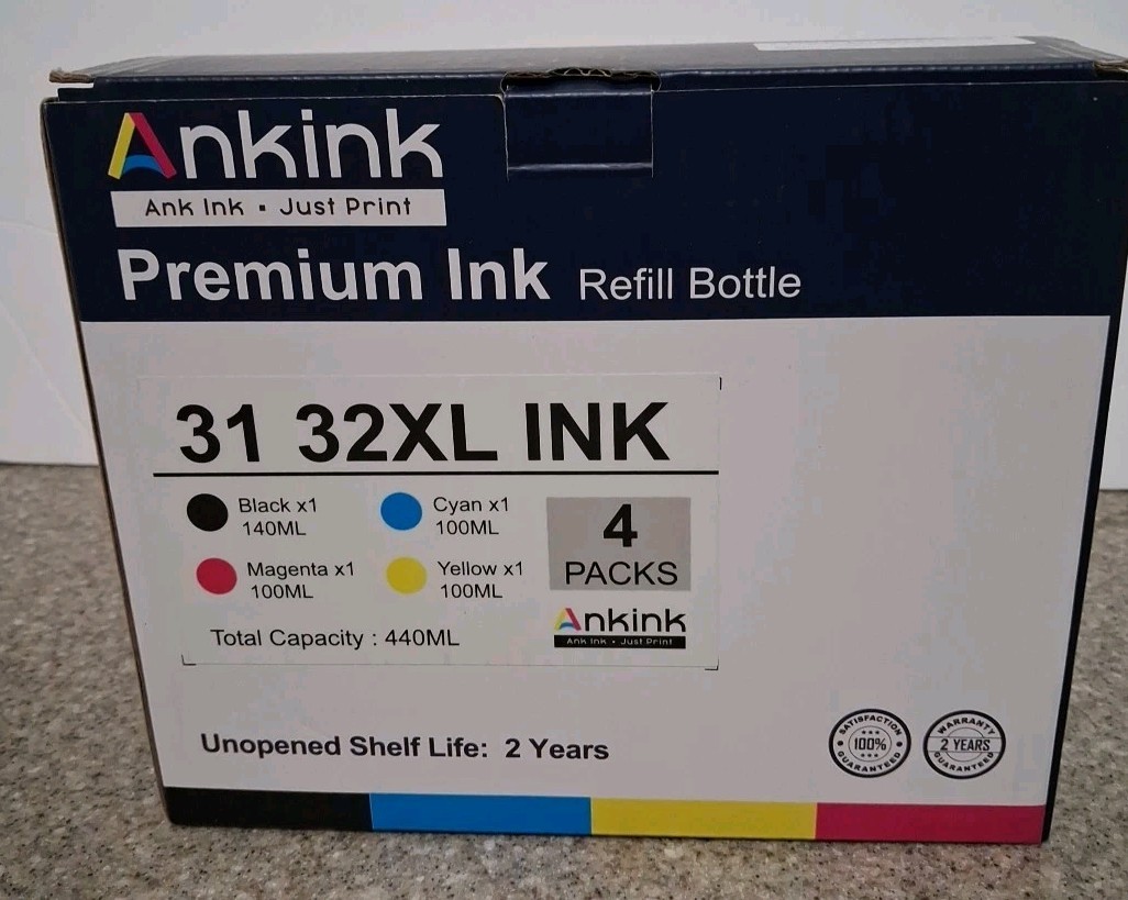 Ankink Premium Ink Refill Bottle 31 32XL INK 4 Packs Black, Magenta, Cyan,...
