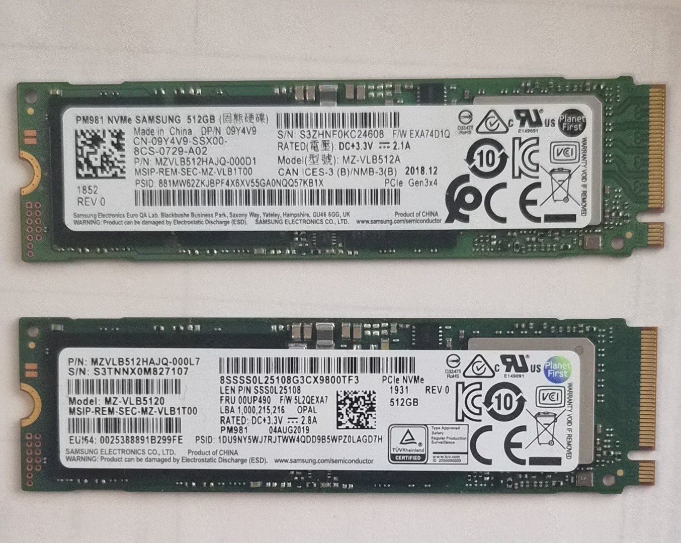 1TB (2x 512GB) Samsung PM981 NVMe SSD, M.2 2280, PCIe Gen3 x4, 3000/1800 MB/s