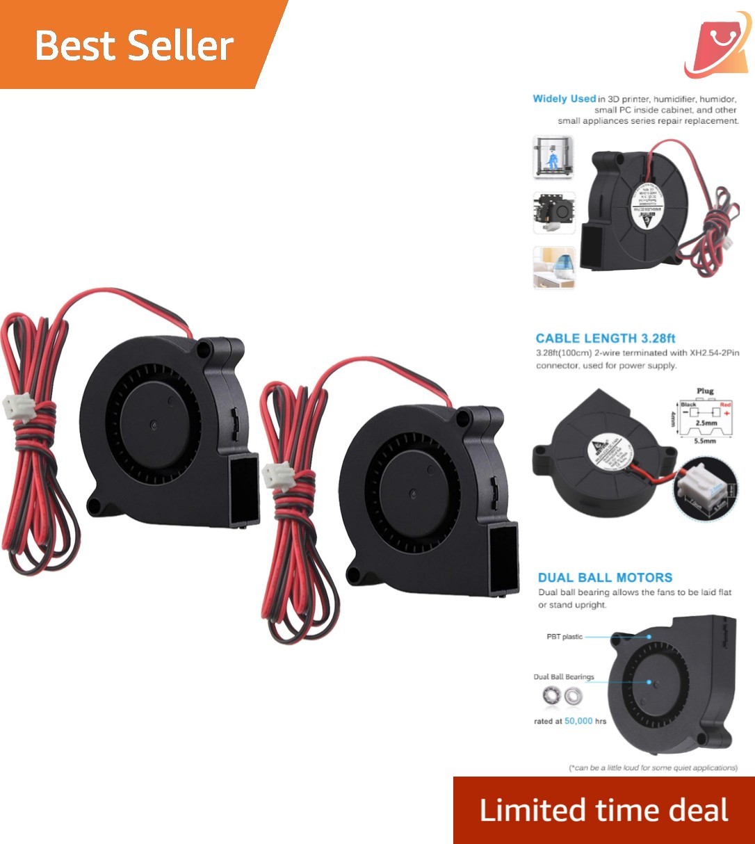 2-Pack 50mm x 15mm DC Blower Fan 12V Dual Ball Bearing Cooling Turbo for 3D P...