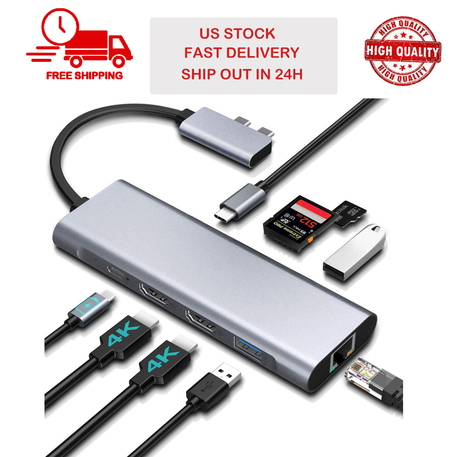 9-in-2 USB-C Docking Station 2*USB 3.1 Type C Male to HDMI*2 Massive Expansion