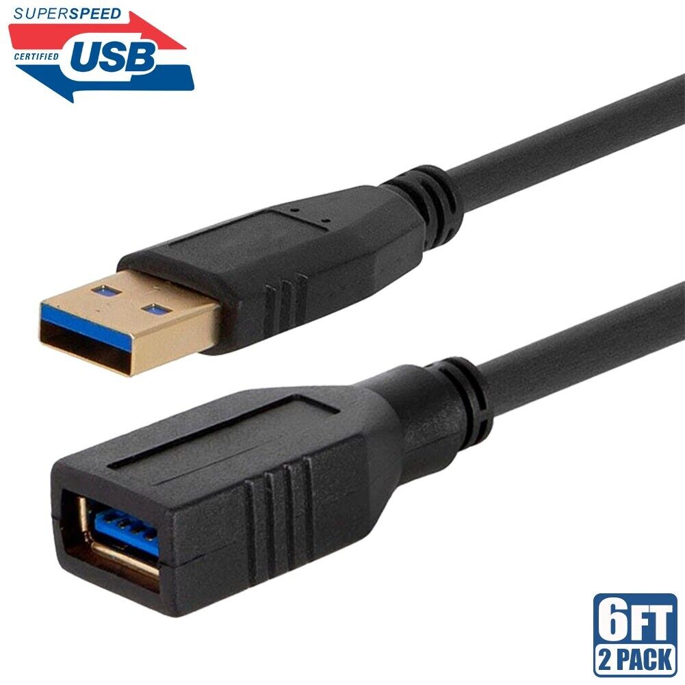 2x 6FT USB 3.0 Type A Male to Female SuperSpeed Data Sync Charge Extension Cable
