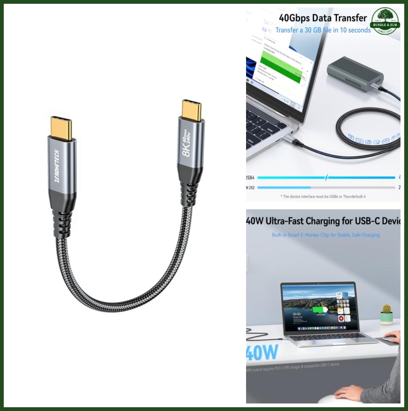ZeroneTeck USB4 6inch for Thunderbolt 4 Cable 0.5FT, 40Gbps USB C to USB C Data