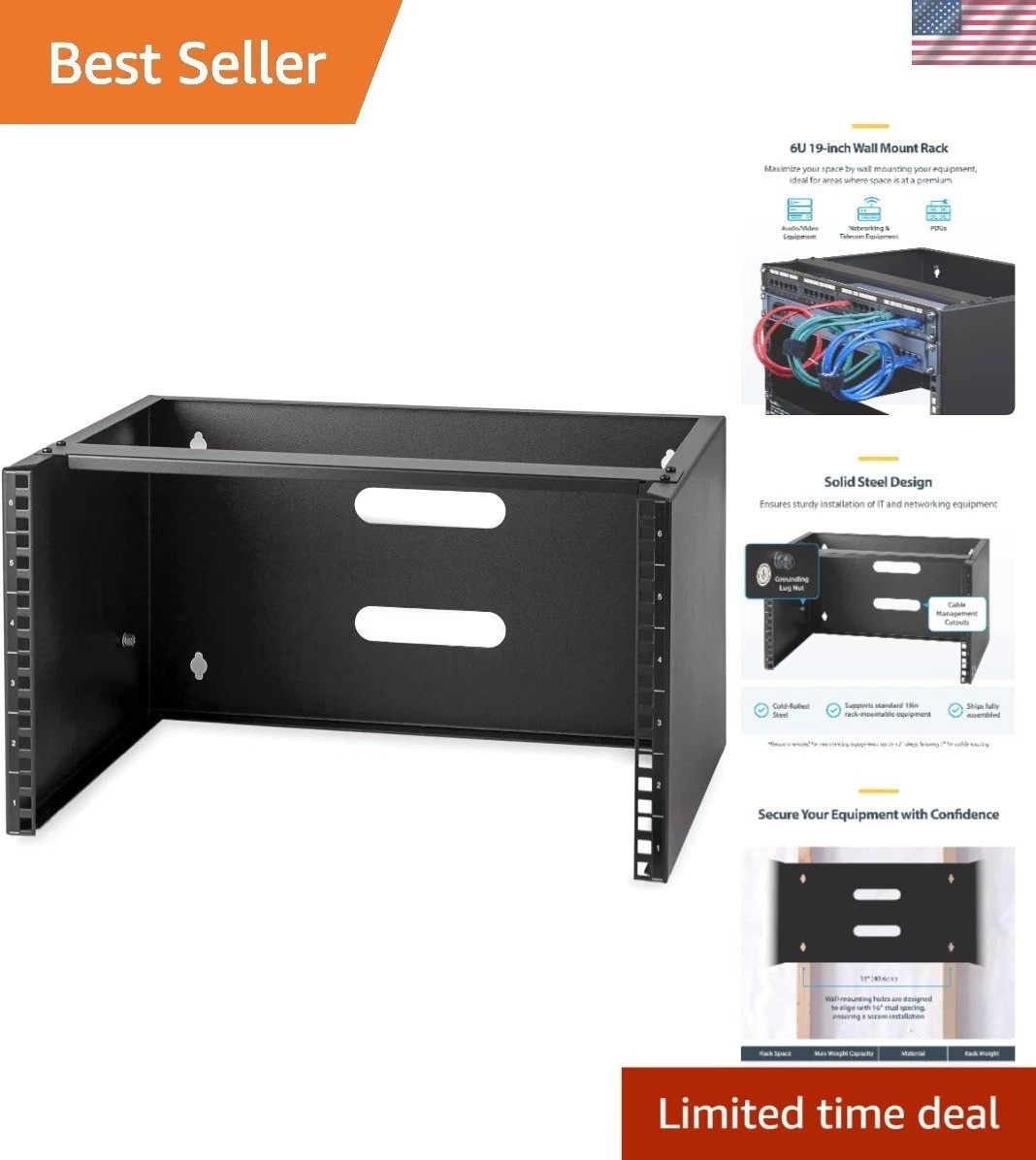 StarTech 6U 19in Wall-Mount Network Rack, 14in Deep, 44lb WALLMOUNT6