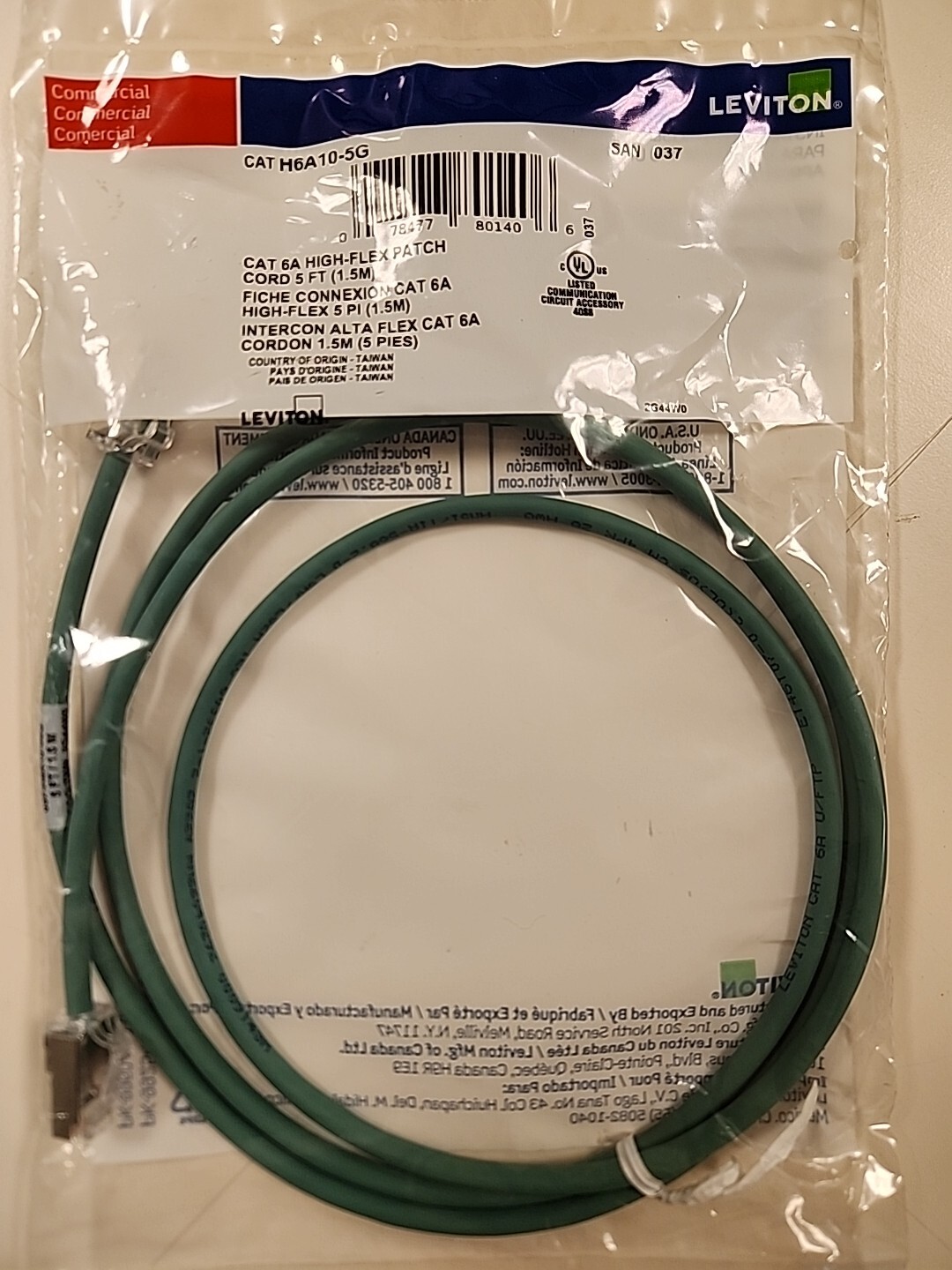 Leviton Cat 6A high-flex patch cord 5 ft (1.5M)