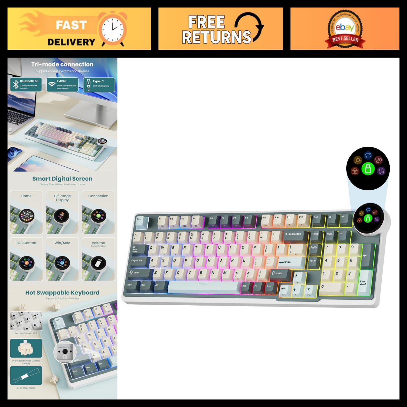 Wireless Mechanical Keyboard with Smart Display, Hot Swappable, RGB, USB-C, Gask
