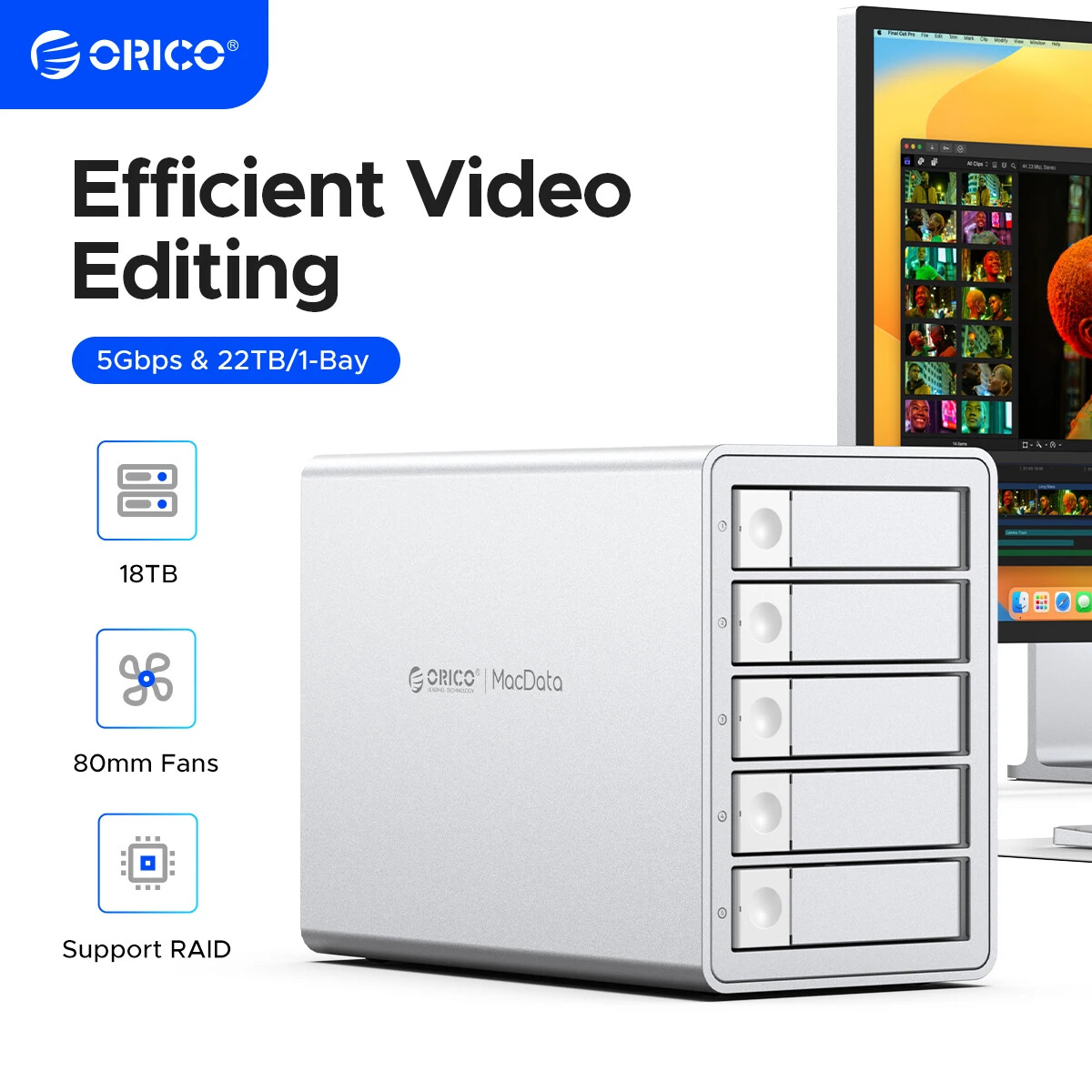 ORICO Daisy Chain 5 Bay Hard Drive Enclosure Alu Das 110TB for 3.5-inchs HDD Fan