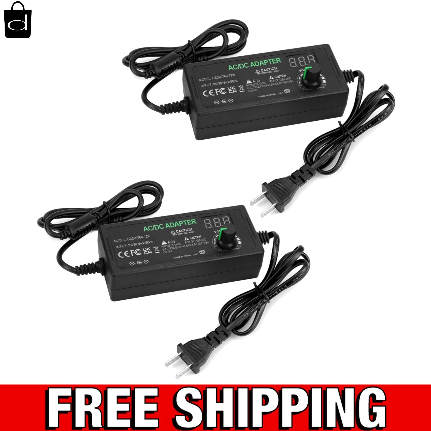 Universal 3V-12V 5A Power Supply with LED Display & Dual Plug Compatibility
