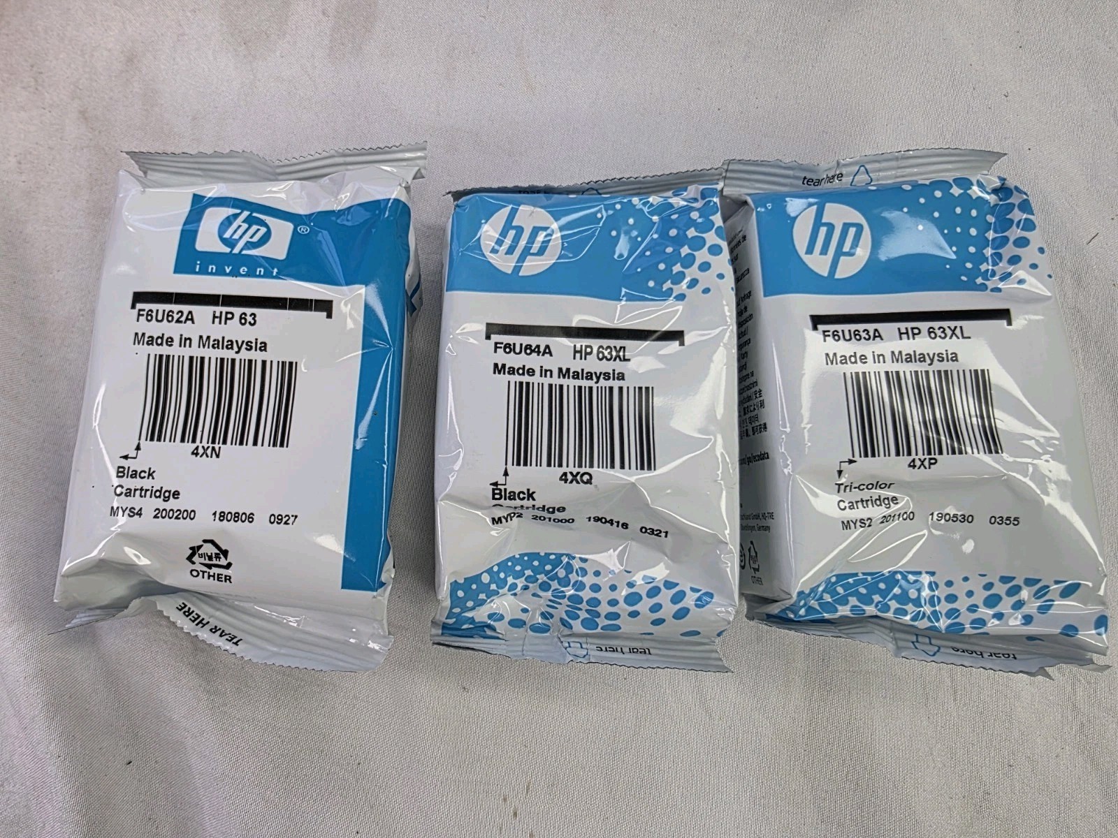 Lot of 3 HP 63 Black, Black XL & Tri-Color XL Ink Cartridges exp 2022