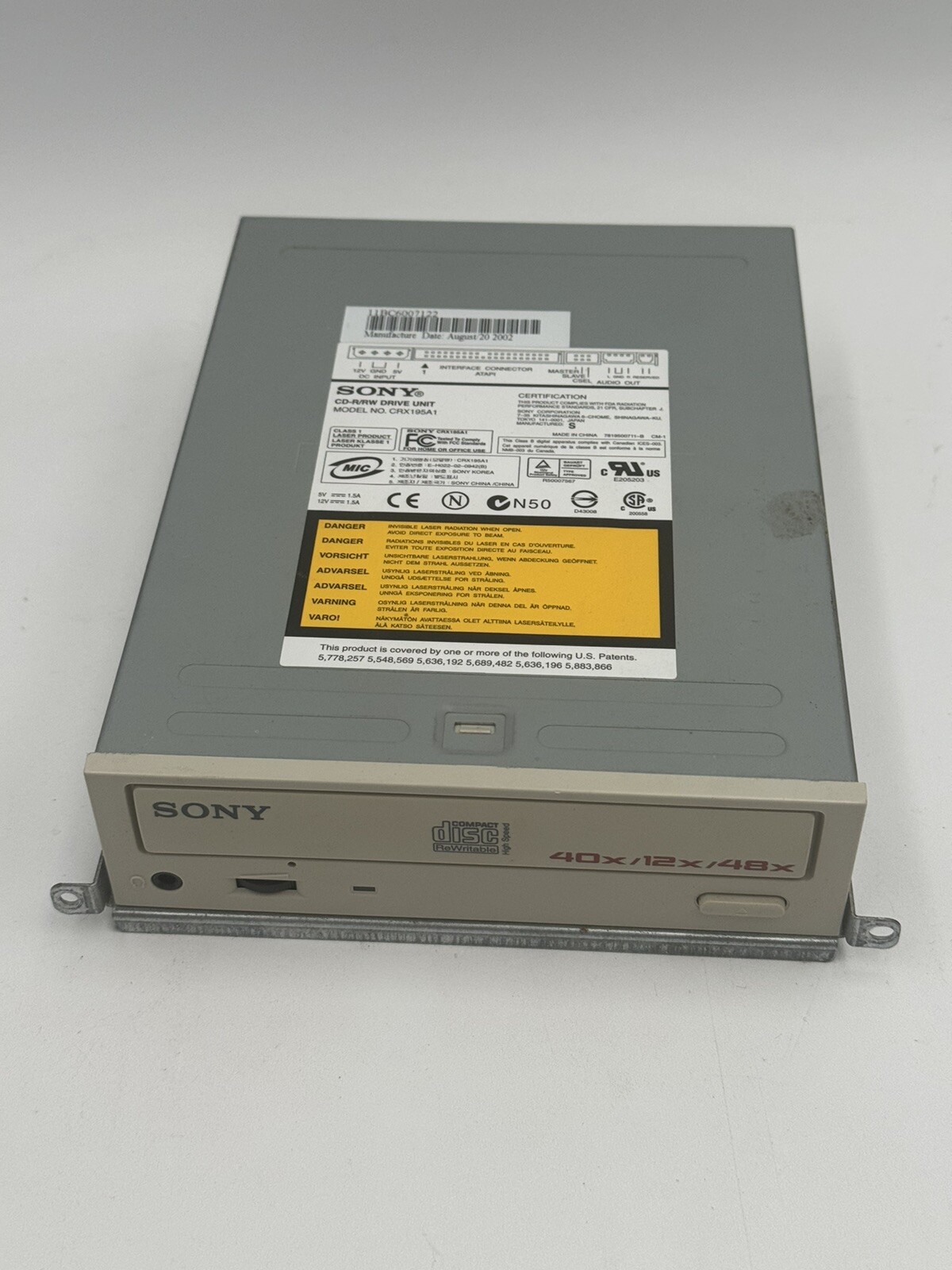 SONY Internal IDE CDRW DRIVE 40x12x48x - CRX195A1  Untested