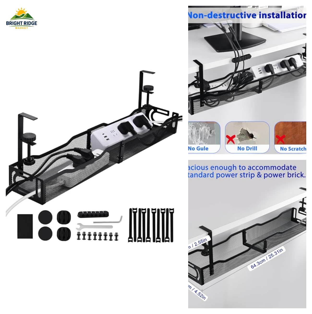 Under Desk Cable Management Tray 25.3 Inch, Clamp-On Cable Organizer Box for Sta