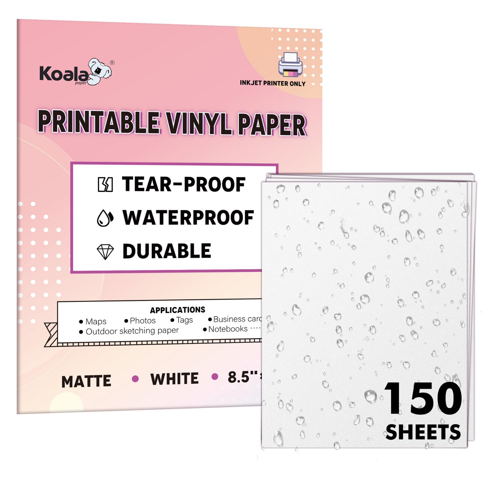 Koala Waterproof Printable Vinyl Printer Paper 8.5x11 Matte White Inkjet 150Pk