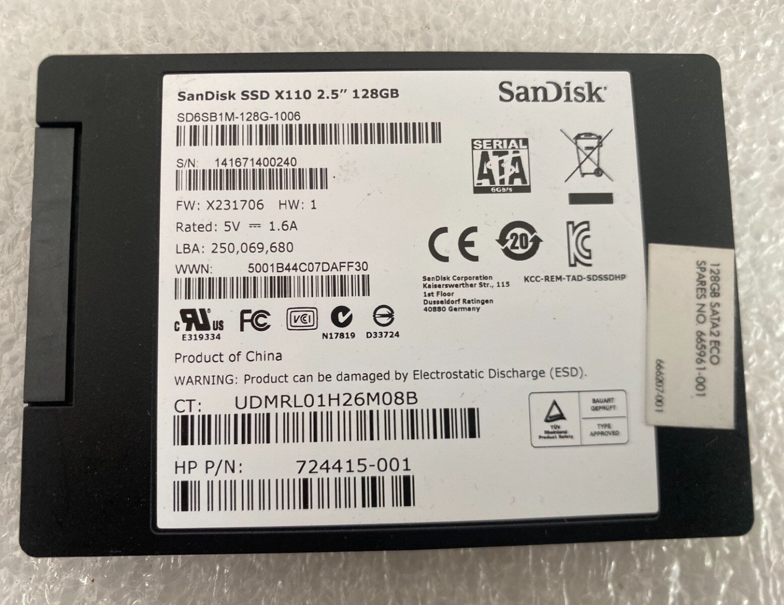 SanDisk X110 128GB 2.5 SATA SSD SD6SB1M-128G-1006 HP 724415-001