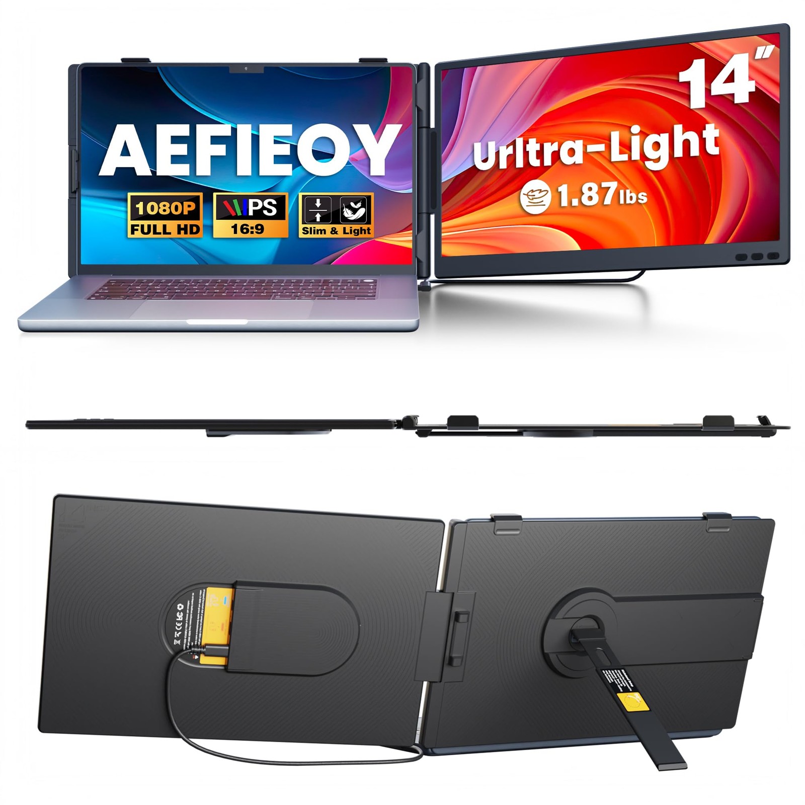 Aefieoy 14.1" Laptop Screen Extender, Ultra-Thin Dual 14.2", Dark Black