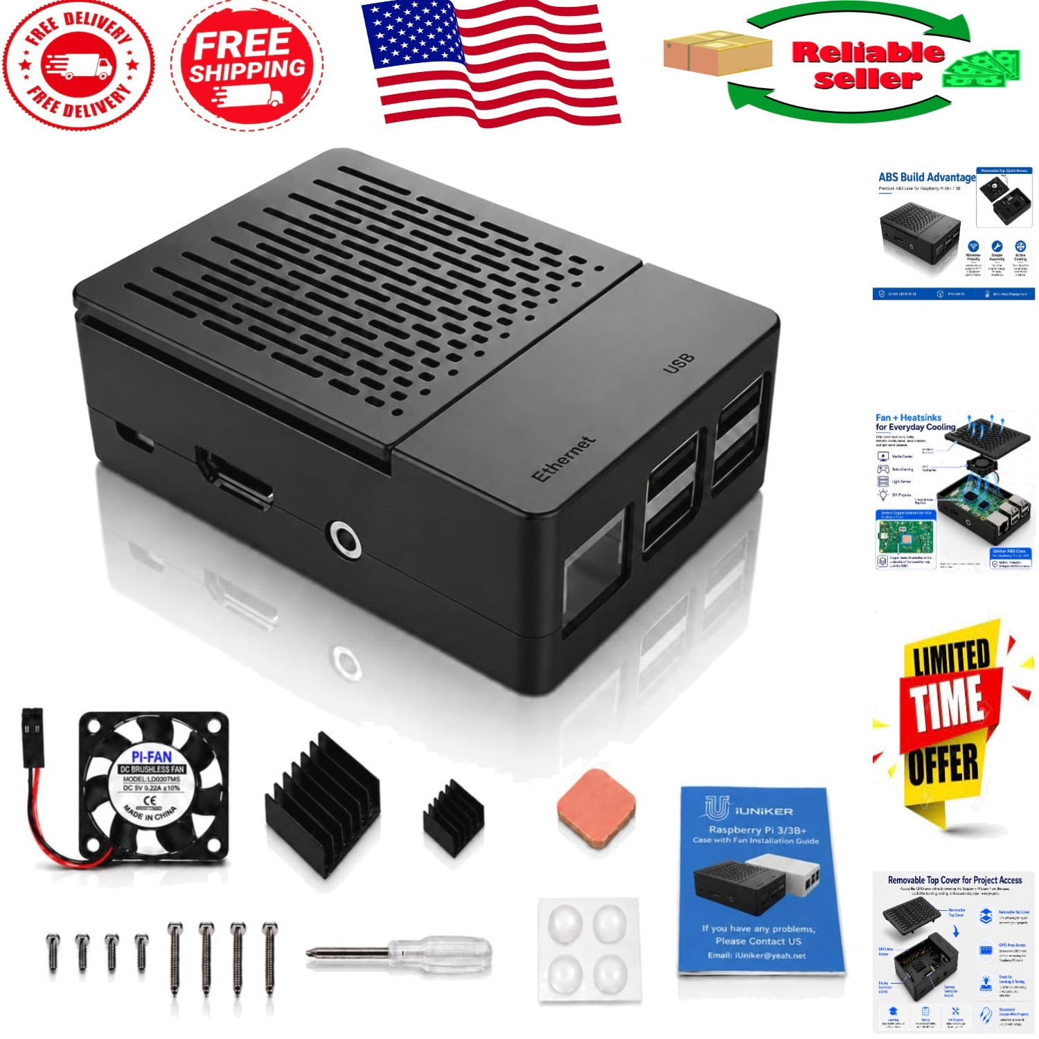 Elegant Black ABS Case for Raspberry Pi 3B+/3B with 3007 Cooling Fan & Heatsinks