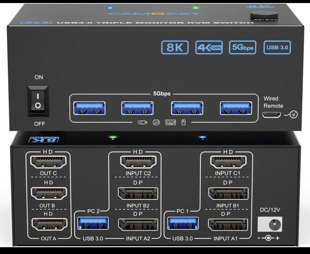 KVM Switch 3 Monitors 2 Computers 8K@60Hz 4K@144Hz Triple Monitor 4 USB 3.0 NOB