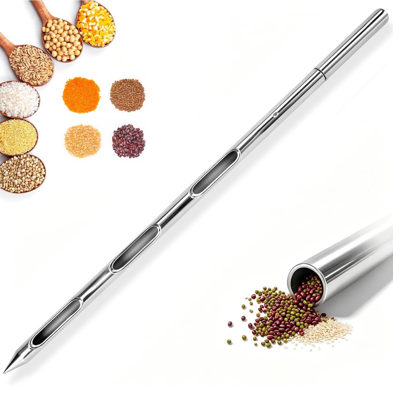 Grain Probe Sampler – 304 Stainless Steel Double Tube Rotary Tool 39.5” 3 Hole