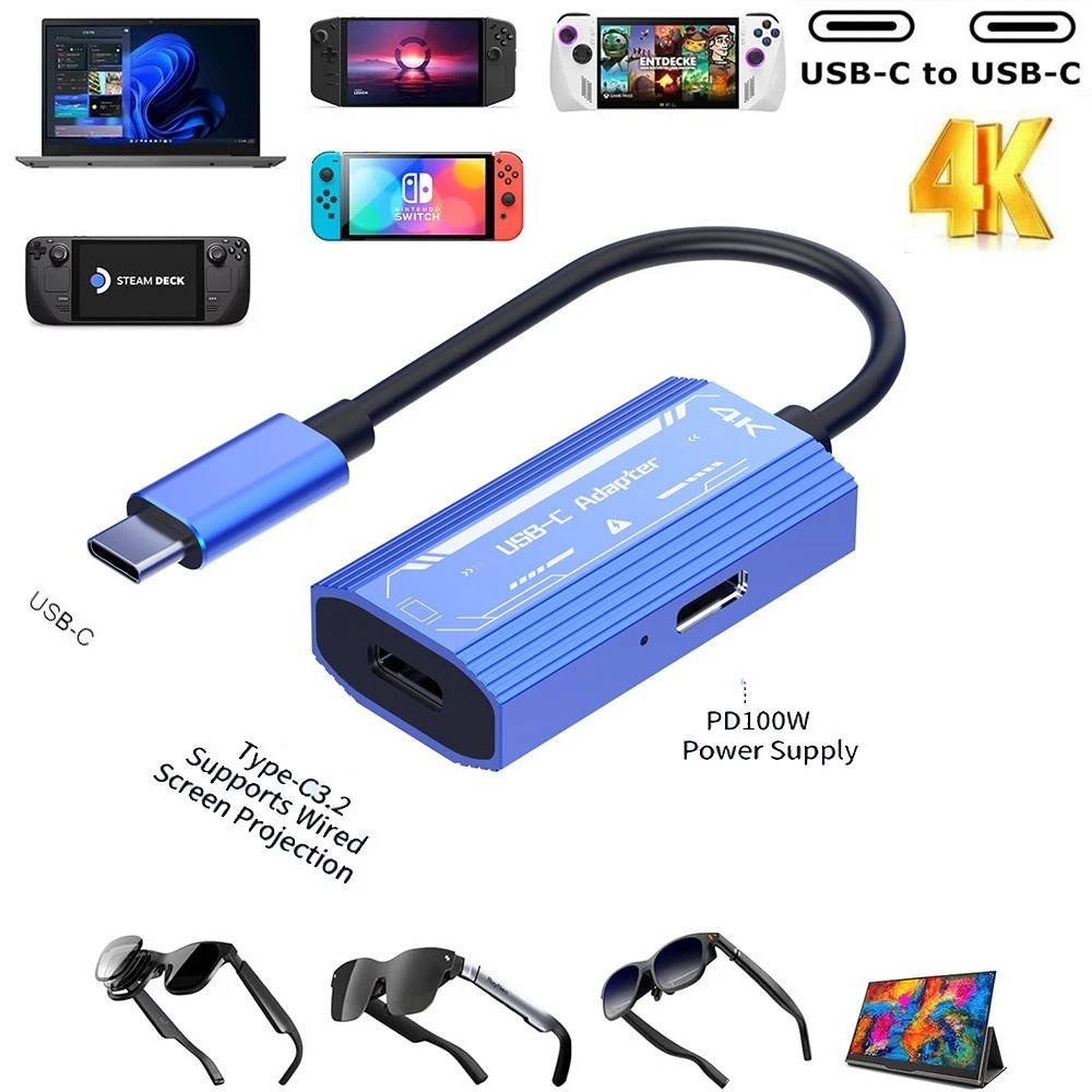 2-in-1 USB-C HUB AR Smart Glasses 4K60Hz Video and PD 100W Fast Charging Adapter